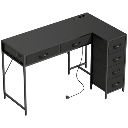 Birouri -  Birou de Colt Reversibil cu Prize de Curent si Porturi USB, 126 x 48 cm, Birou in Forma de L cu 6 Sertare din Material Textil, Carlig Lateral, pentru Computer, Birou, Studiu, Acasa, Negru