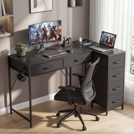  Birou de Colt Reversibil cu Prize de Curent si Porturi USB, 126 x 48 cm, Birou in Forma de L cu 6 Sertare din Material Textil, Carlig Lateral, pentru Computer, Birou, Studiu, Acasa, Negru [1]