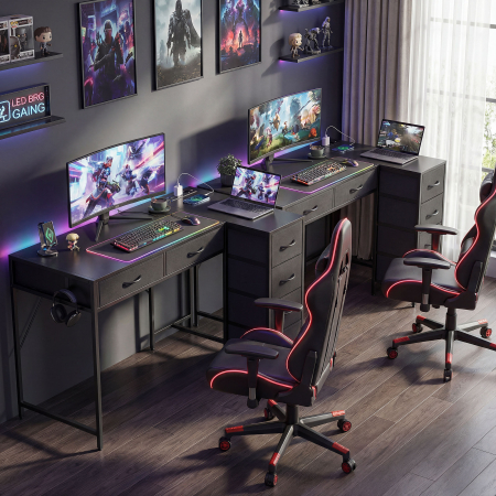  Birou de Colt Reversibil cu Prize de Curent si Porturi USB, 126 x 48 cm, Birou in Forma de L cu 6 Sertare din Material Textil, Carlig Lateral, pentru Computer, Birou, Studiu, Acasa, Negru [8]