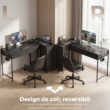  Birou de Colt Reversibil cu Prize de Curent si Porturi USB, 126 x 48 cm, Birou in Forma de L cu 6 Sertare din Material Textil, Carlig Lateral, pentru Computer, Birou, Studiu, Acasa, Negru [3]