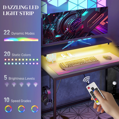  Birou de Gaming cu LED si Rafturi, Design in Forma de L Reversibil pentru Spatii Mici, Birou PC si Console, 107×80×90 cm, Negru [3]