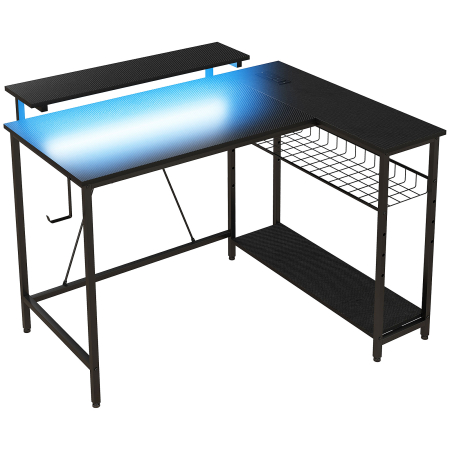 Birouri -  Birou de Gaming cu LED si Rafturi, Design in Forma de L Reversibil pentru Spatii Mici, Birou PC si Console, 107×80×90 cm, Negru