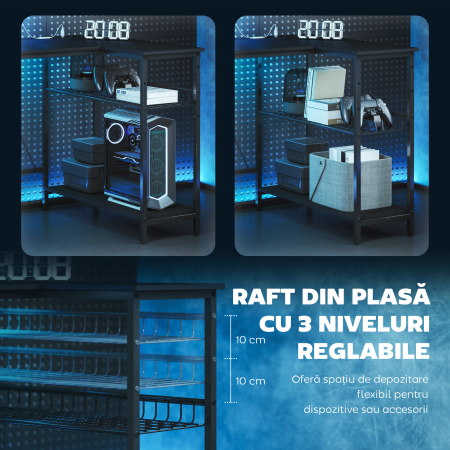  Birou Gaming Coltar cu LED, Prize Electrice, Suport pentru Monitor si Raft, Negru [5]