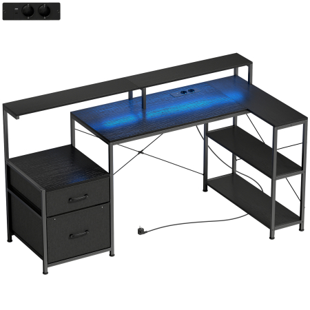Birouri -  Birou Gaming cu Spatii de Stocare si 2 Suporturi pentru Monitoare, din Lemn si Otel, 165x80x91.5 cm, Negru