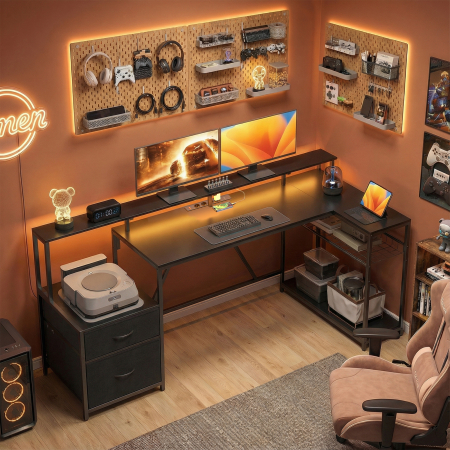  Birou Gaming Reversibil in Forma de L cu LED, 192,5cm Birou Coltar cu Prize Electrice, Suport Monitor si CPU, 2 Sertare din Material Textil pentru Documente A4/Legal, pentru Casa Birou Studio, Negru [1]