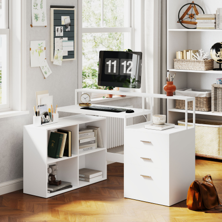  Birou in Forma de L cu Prize de Curent, Sertar si Suport pentru Monitor, 138,5x90x92 cm, Alb [1]
