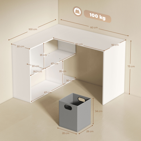  Birou in Forma de L pentru Computer, 110x100 cm, Birou cu Raft si Sertar din Material Textil, Masa PC pentru Dormitor, Birou si Camera de Studiu, Alb [2]