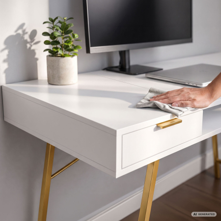 Birou industrial, MDF melaminat, cu 2 sertare si raft, cadru metalic, 120x50x81 cm, alb cu elemente auriu [4]