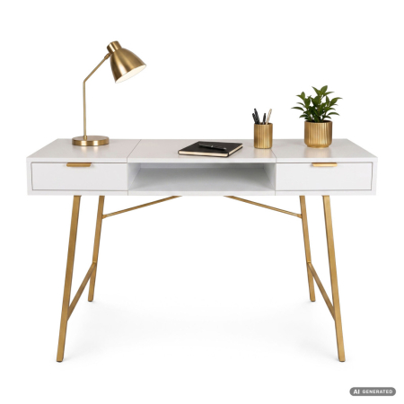 Birou industrial, MDF melaminat, cu 2 sertare si raft, cadru metalic, 120x50x81 cm, alb cu elemente auriu [1]
