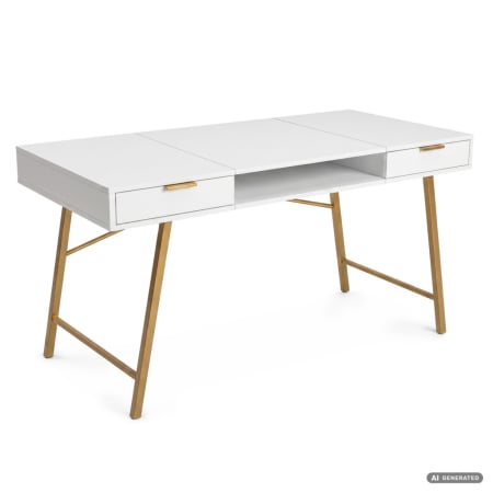 Dormitor & birou - Birou industrial, MDF melaminat, cu 2 sertare si raft, cadru metalic, 120x50x81 cm, alb cu elemente auriu