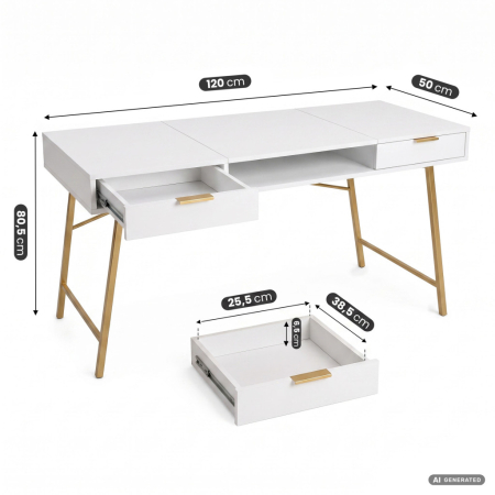 Birou industrial, MDF melaminat, cu 2 sertare si raft, cadru metalic, 120x50x81 cm, alb cu elemente auriu [2]