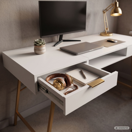 Birou industrial, MDF melaminat, cu 2 sertare si raft, cadru metalic, 120x50x81 cm, alb cu elemente auriu [5]