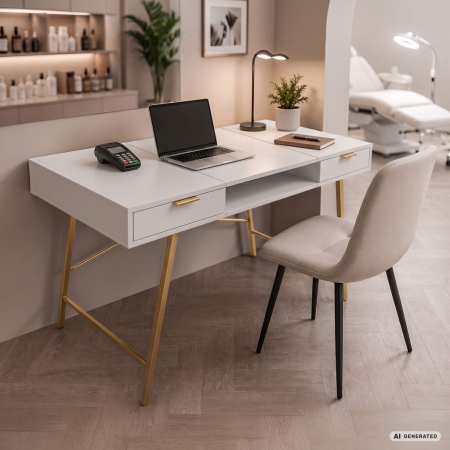 Birou industrial, MDF melaminat, cu 2 sertare si raft, cadru metalic, 120x50x81 cm, alb cu elemente auriu [8]