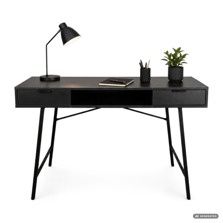 Birou industrial, MDF melaminat, cu 2 sertare si raft, cadru metalic, 120x50x81 cm, negru [1]