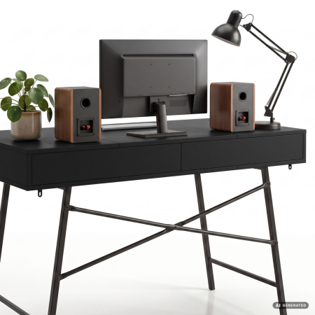 Birou industrial, MDF melaminat, cu 2 sertare si raft, cadru metalic, 120x50x81 cm, negru [3]
