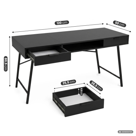 Birou industrial, MDF melaminat, cu 2 sertare si raft, cadru metalic, 120x50x81 cm, negru [2]