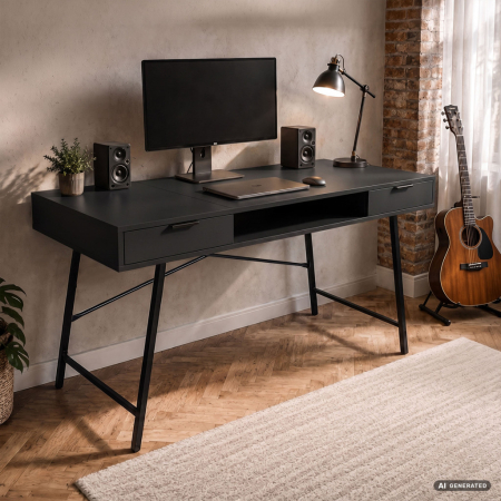 Birou industrial, MDF melaminat, cu 2 sertare si raft, cadru metalic, 120x50x81 cm, negru [7]