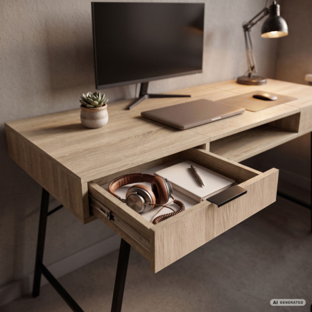 Birou industrial, MDF melaminat, cu 2 sertare si raft, cadru metalic, 120x50x81 cm, stejar sonoma [5]