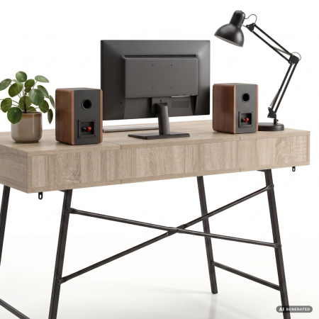 Birou industrial, MDF melaminat, cu 2 sertare si raft, cadru metalic, 120x50x81 cm, stejar sonoma [3]