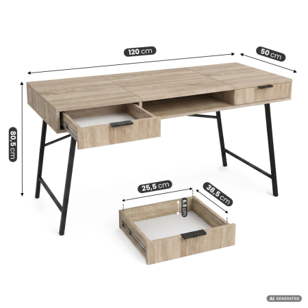 Birou industrial, MDF melaminat, cu 2 sertare si raft, cadru metalic, 120x50x81 cm, stejar sonoma [2]