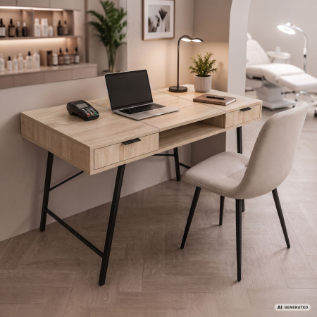 Birou industrial, MDF melaminat, cu 2 sertare si raft, cadru metalic, 120x50x81 cm, stejar sonoma [8]