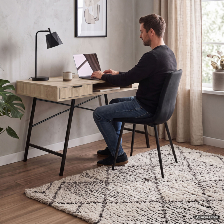 Birou industrial, MDF melaminat, cu 2 sertare si raft, cadru metalic, 120x50x81 cm, stejar sonoma [6]