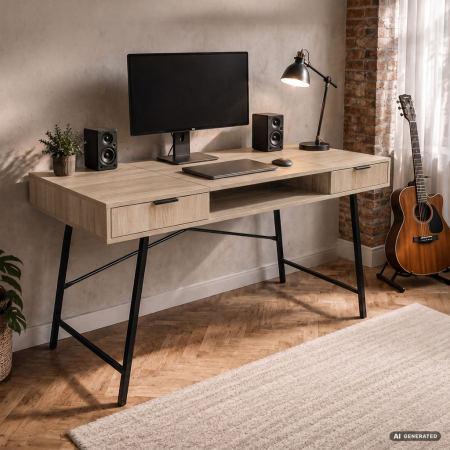 Birou industrial, MDF melaminat, cu 2 sertare si raft, cadru metalic, 120x50x81 cm, stejar sonoma [7]