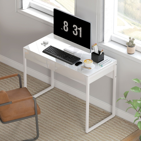  Birou Modern cu 2 Sertare si Picioare din Otel, 100x50x75 cm, Alb Lucios [8]