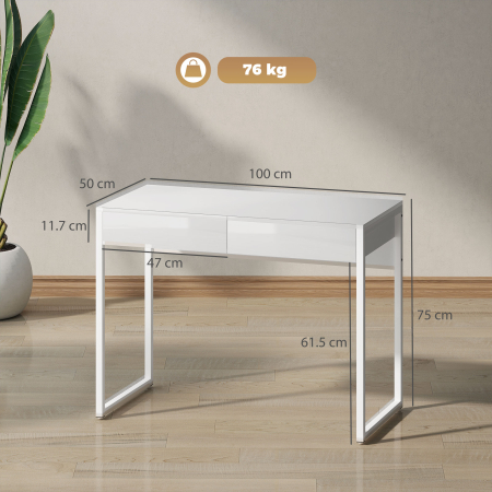  Birou Modern cu 2 Sertare si Picioare din Otel, 100x50x75 cm, Alb Lucios [2]