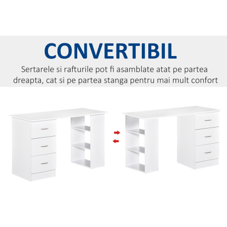  Birou modern cu 3 Sertare si Rafturi in Lemn Alb 120x49x72cm [5]