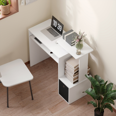  Birou Modern cu Raft pentru Tastatura si Sertar din Material Textil, 100x40x86,6cm, Alb si Negru [7]