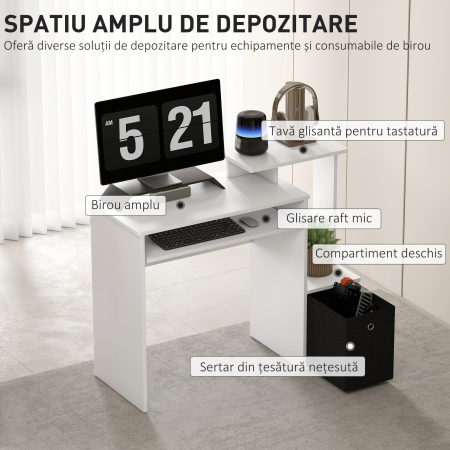  Birou Modern cu Raft pentru Tastatura si Sertar din Material Textil, 100x40x86,6cm, Alb si Negru [3]