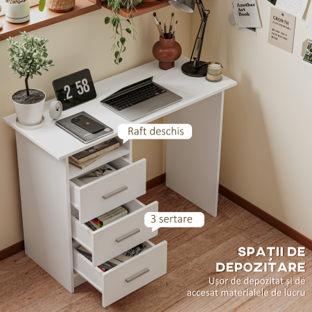  Birou Modern din Lemn cu 3 Sertare si Raft Deschis, 100x40x75 cm, Alb si Maro [3]