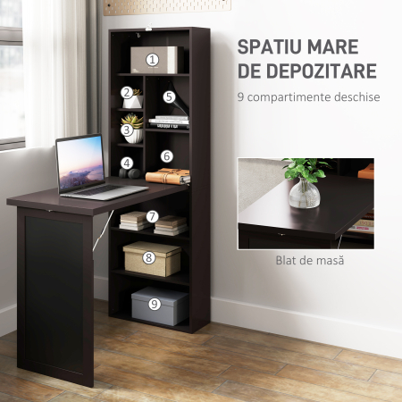  Birou Modern Pliabil cu Biblioteca si Tabla, din Lemn si Metal, 98x51x153 cm, Maro [4]