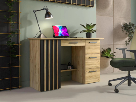 Birou Montana B120 cu 4 sertare si 1 usa, 120x45x76 cm, stejar craft si negru [1]