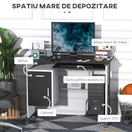  Birou PC 100×52×75 cm - Alb & Negru cu Sertar, Dulap si Raft [3]