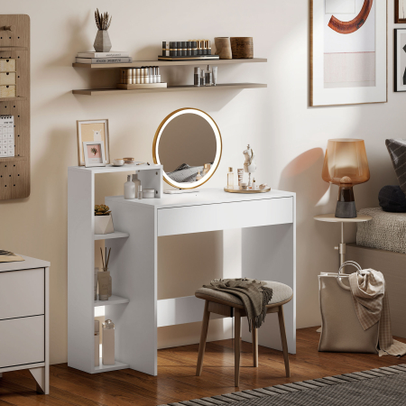  Birou PC Modern cu 3 Rafturi Deschise si Sertar, din Lemn Alb, 100x40x90 cm [6]