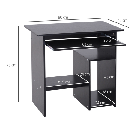  Birou PC Modern din Lemn cu Raft pentru Unitatea Centrala si Spatiu pentru Tastatura Glisanta, 80x45x75 cm, Negru [2]