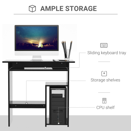  Birou PC Modern din Lemn cu Raft pentru Unitatea Centrala si Spatiu pentru Tastatura Glisanta, 80x45x75 cm, Negru [3]
