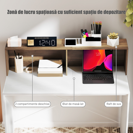  Birou PC pentru Studiu cu Blat inaltat si 2 Rafturi, 110x50x102.6 cm, Alb si Maro Nuc [3]