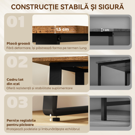  Birou pentru Computer, 120x60x76 cm Birou Lungu cu Colturi Rotunjite si Structura din Otel, Masa PC Industriala, pentru Casa, Studiu, Dormitor, Birou, Maro Rustic [4]