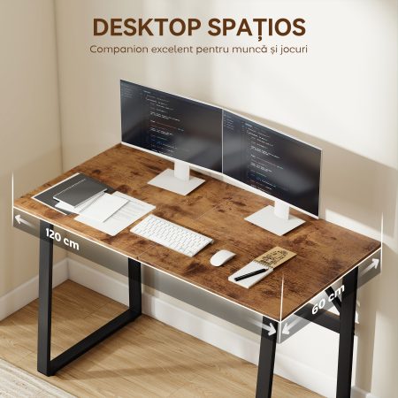 Birou pentru Computer, 120x60x76 cm Birou Lungu cu Colturi Rotunjite si Structura din Otel, Masa PC Industriala, pentru Casa, Studiu, Dormitor, Birou, Maro Rustic [3]
