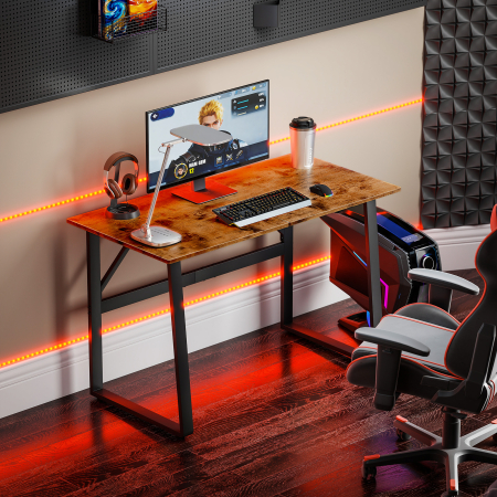  Birou pentru Computer, 120x60x76 cm Birou Lungu cu Colturi Rotunjite si Structura din Otel, Masa PC Industriala, pentru Casa, Studiu, Dormitor, Birou, Maro Rustic [7]