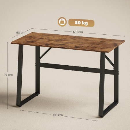  Birou pentru Computer, 120x60x76 cm Birou Lungu cu Colturi Rotunjite si Structura din Otel, Masa PC Industriala, pentru Casa, Studiu, Dormitor, Birou, Maro Rustic [2]