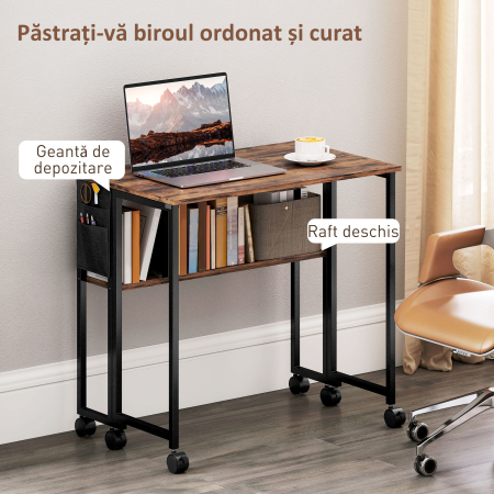  Birou Pliabil cu Raft Deschis si Buzunar Lateral, din Lemn si Otel, 80x50x75 cm, Maro si Negru [4]