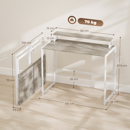  Birou Pliabil Economisitor de Spatiu cu Stand pentru Monitor Detasabil, 100x48x87,5 cm, Lemn [2]