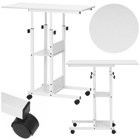Birou reglabil pe inaltime cu rafturi si roti, blat din lemn si structura metalica, 80x40x76-86 cm, alb [2]