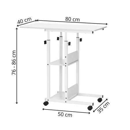 Birou reglabil pe inaltime cu rafturi si roti, blat din lemn si structura metalica, 80x40x76-86 cm, alb [14]