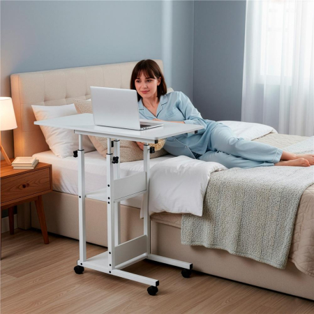 Birou reglabil pe inaltime cu rafturi si roti, blat din lemn si structura metalica, 80x40x76-86 cm, alb [5]