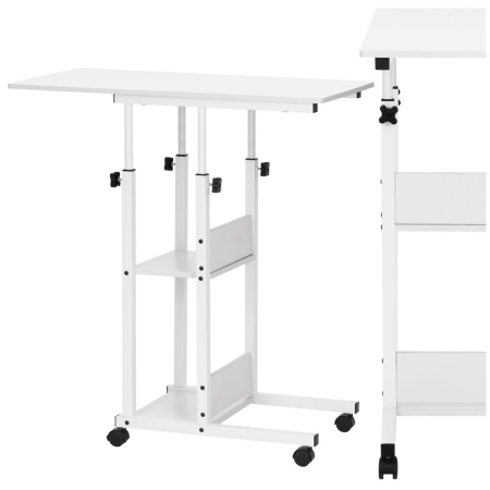 Birou reglabil pe inaltime cu rafturi si roti, blat din lemn si structura metalica, 80x40x76-86 cm, alb [3]